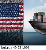 American trade barrier and tariff war in the United states as a cargo ship facing a wall as an economic taxation problem over import and exports concept as a 3D illustration. Стоковое фото, агентство Ingram Publishing / Фотобанк Лори