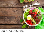 Buddha bowl dish with boiled egg, chickpea, fresh tomato, sweet pepper, cucumber, savoy cabbage, red onion, green sprouts, spinach leaves, walnuts, chia and rice. Healthy lunch, dinner. Detox diet. Стоковое фото, агентство Ingram Publishing / Фотобанк Лори