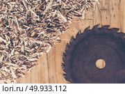 Carpenter tools on wooden table with sawdust. Carpenter workplace top view. Стоковое фото, агентство Ingram Publishing / Фотобанк Лори
