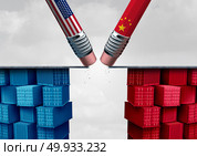 China United States trade crisis and American tariffs or Chinese tariff as two pencils erasing a bridge over import and exports dispute concept as a 3D illustration. Стоковое фото, агентство Ingram Publishing / Фотобанк Лори