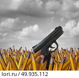 Shooting at schools concept as a group of pencils with a gun as a school hardening violence symbol and tragic and horrific gunfire icon as a 3D illustration.. Shooting At School. Стоковое фото, агентство Ingram Publishing / Фотобанк Лори
