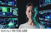 Interactive virtual interface with futuristic digital graphs and charts in motion. Стоковое AI-видео, аниматор Владимир Федоров / Фотобанк Лори