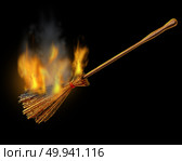 Witch broom burning object as an old magical besom for a wicked wizard as a halloween graphic element 3D illustration. Стоковое фото, агентство Ingram Publishing / Фотобанк Лори