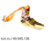 Close-up of metal ratchet tie-down with orange lashing strap and black hook on white background. Ideal for logistics, storage, or cargo control. Стоковое фото, фотограф Татьяна Терехина / Фотобанк Лори