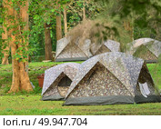 Campsite tent on filed for travel background. Group of tent, Camping at mountain. Стоковое фото, агентство Ingram Publishing / Фотобанк Лори