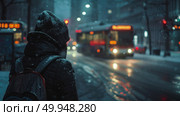 A person standing on a snow-covered street, surrounded by buildings and trees, under a cloudy sky. Стоковое AI-изображение, AI-художник Данила Большаков / Фотобанк Лори