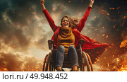 A woman sitting in a wheelchair, raising her arms in celebration or triumph. Стоковое AI-изображение, AI-художник Данила Большаков / Фотобанк Лори