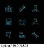 Tv , scale , beaker ,calculator , maths , chemical flask , paint roller , uniform , wrench , icon, vector, design,  flat,  collection, style, creative,  icons. Стоковая иллюстрация, агентство Ingram Publishing / Фотобанк Лори