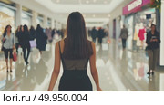Young woman with long dark hair, viewed from behind, walks through a bustling brightly lit shopping mall. Ideal for themes of consumerism, urban lifestyle or shopping. Стоковое AI-видео, аниматор Елена Никишина / Фотобанк Лори