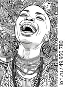 A black and white drawing of cheerful bald woman laughing joyfully. Стоковое AI-изображение, AI-художник Данила Большаков / Фотобанк Лори