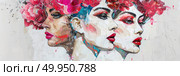 A painting depicting three women with colorful flowers in their hair, each wearing elegant dresses. They are posed gracefully, enhancing the beauty of the floral accents. Стоковое AI-изображение, AI-художник Данила Большаков / Фотобанк Лори