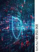 A computer screen displaying a shield symbol, representing security measures put in place to protect digital information from unauthorized access. Стоковое AI-изображение, AI-художник Данила Большаков / Фотобанк Лори