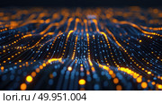 Close-up of illuminated fiber optic cables representing fast digital communication and technology. Стоковое AI-изображение, AI-художник Данила Большаков / Фотобанк Лори