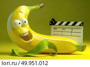 A banana positioned with a movie slate and a movie clapper, symbolizing the start of filming in the entertainment industry. Стоковое AI-изображение, AI-художник Данила Большаков / Фотобанк Лори