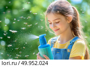 Девочка распыляет спрей от летающих насекомых, комаров. Безопасный отдых на природе. Стоковое AI-изображение, AI-художник Щеголева Ольга / Фотобанк Лори