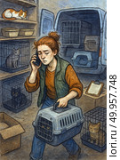 An illustration in digital pastel and watercolor technique depicting a tired volunteer transporting cats in carriers. The girl with a serious and worried expression is talking on the phone while carrying a carrier with a cat. Around her are many cages and boxes with other cats, loaded into a van or placed indoors. On the floor is a box, a clipboard with papers, and an atmosphere of haste and responsibility. The scene conveys a tense moment from the daily life of a shelter or rescue operation for homeless animals. Стоковое AI-изображение, AI-художник Анна Кривицкая / Фотобанк Лори