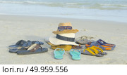 Straw hat, bag, sun glasses and flip flops on a tropical beach. Стоковое фото, агентство Ingram Publishing / Фотобанк Лори