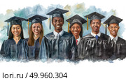 A group of individuals wearing graduation caps and gowns, standing together in a celebratory pose. Стоковое AI-изображение, AI-художник Данила Большаков / Фотобанк Лори
