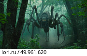A massive arachnid stands in the midst of a dense forest, its hairy legs and sharp fangs visible as it surveys its surroundings. Стоковое AI-изображение, AI-художник Данила Большаков / Фотобанк Лори