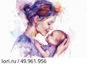 A woman is holding a baby in her arms, tenderly cradling the infant. Both are looking at each other, creating a heartwarming scene. Стоковое AI-изображение, AI-художник Данила Большаков / Фотобанк Лори