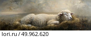 A painting depicting a sheep laying in lush green grass. Стоковое AI-изображение, AI-художник Данила Большаков / Фотобанк Лори