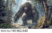 A large mythical creature known as Bigfoot is standing in the middle of a forest surrounded by tall trees and foliage. Стоковое AI-изображение, AI-художник Данила Большаков / Фотобанк Лори