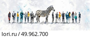 A zebra stands in front of a gathered crowd of people, creating a unique encounter between wildlife and humans. Стоковое AI-изображение, AI-художник Данила Большаков / Фотобанк Лори