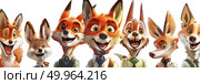 A group of cartoon foxes are depicted with their mouths open in this illustration. Стоковое AI-изображение, AI-художник Данила Большаков / Фотобанк Лори