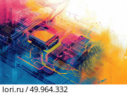A computer processor with vibrant, colorful lines running across it, showcasing the intricate design and technology. Стоковое AI-изображение, AI-художник Данила Большаков / Фотобанк Лори