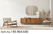A modern living room featuring a stylish chair, elegant mirror, and a decorative vase placed strategically within the room. Стоковое AI-изображение, AI-художник Данила Большаков / Фотобанк Лори