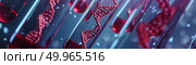 A close-up shot shows glowing DNA helixes within vials, representing biotechnology research. Стоковое AI-изображение, AI-художник Данила Большаков / Фотобанк Лори