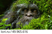 A creature with intense eyes peers out from a thick layer of green moss, blending in seamlessly with its surroundings. Стоковое AI-изображение, AI-художник Данила Большаков / Фотобанк Лори