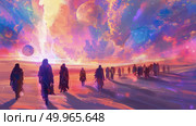 Silhouetted figures traverse a vibrant extraterrestrial terrain under a luminous, colorful sky. Стоковое AI-изображение, AI-художник Данила Большаков / Фотобанк Лори