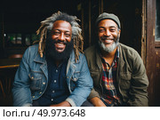 Benevolent Brotherhood: Two Dapper Gentlemen Share Warm Laughter on a Sunlit Bench. Стоковое AI-изображение, AI-художник Данила Большаков / Фотобанк Лори