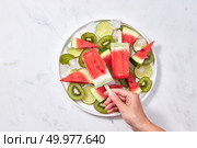 In the female hand, a healthy berry icy popsicle against the background of a gray marble table with a plate with slices of watermelon, kiwi, lime and ice cubes. Space for text. Flat lay. A woman’s hand holds a frozen watermelon smoothie on a stick against the background of a plate with pieces of fruit and ice cubes on a gray marble table. Copy space. Flat lay. Стоковое фото, агентство Ingram Publishing / Фотобанк Лори