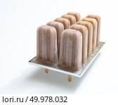 Healthy chocolate ice cream on a stick in a form on a white background with copy space. A delicious cold dessert.. Cold chocolate dessert on a stick in plastic form on a white background with copy space. Ice cream lolly. Стоковое фото, агентство Ingram Publishing / Фотобанк Лори