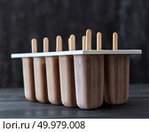 Chocolate ice cream lolly sorbet in a mold on a black wooden table. Cold dessert. Coffee ice cream on a stick in plastic molds on a dark wooden background. Summer dessert. Стоковое фото, агентство Ingram Publishing / Фотобанк Лори