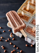 Natural coffee ice cream popsicle with coffee beans presented on a black wooden table. Summer dessert. Top view. Sweet homemade coffee ice lolly on a dark wooden table with coffee beans. Top view. Стоковое фото, агентство Ingram Publishing / Фотобанк Лори