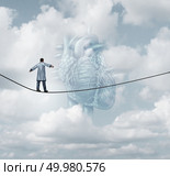 Heart surgery medical risk as a cardiologist or surgeon doctor walking on a tight rope high wire as a pulmonary cardiovascular health care insurance concept in a 3D illustration style. Стоковое фото, агентство Ingram Publishing / Фотобанк Лори