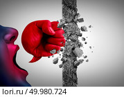 Breaking down walls with words as a powerful  message that breaks obstacles in a 3D illustration style. Стоковое фото, агентство Ingram Publishing / Фотобанк Лори