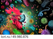 Biosecurity concept and quarantine biohazard danger as a chicken with a germ surgical mask as a health care infectious including salmonella and bacteria virus disease idea or avian flu medical risk in a 3D illustration style. Стоковое фото, агентство Ingram Publishing / Фотобанк Лори