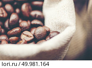 coffee beans on wooden background, arabica coffee, vintage filter image. Стоковое фото, агентство Ingram Publishing / Фотобанк Лори