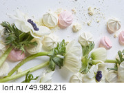 Closeup of flowers among handmade sweet pink and white zephyr marshmallow over white background. Heart small candies. Valentine’s day. Holiday concept.. Design of zephyr marshmallow on white background. Стоковое фото, агентство Ingram Publishing / Фотобанк Лори