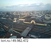 city of kiev, view from a birdseye view, view of the train station and trains, cloudy sky on the horizon. Aerial view of the city of Kiev. Редакционное фото, агентство Ingram Publishing / Фотобанк Лори
