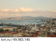 Aerial view of the golden horn and the bridge of the Galata of the roofs of houses and the tower of the mosque. Istanbul, Turkey. Aerial view of the golden horn and the galata bridge. Стоковое фото, агентство Ingram Publishing / Фотобанк Лори