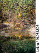 Goshiki-numa Five Colour Pond in Autumn, Urabandai, Fukushima, Japan. Стоковое фото, агентство Ingram Publishing / Фотобанк Лори