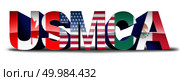 USMCA or the new NAFTA United States Mexico Canada agreement symbol with north america flags as a trade deal negotiation and economic deal fot the American Mexican and Canadian governments as a 3D illustration. . Стоковое фото, агентство Ingram Publishing / Фотобанк Лори