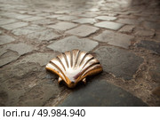 Milestone in shape of a shell inserted in the pavement, brussels. St James shell in Brussels. Стоковое фото, агентство Ingram Publishing / Фотобанк Лори