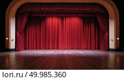 Elegant classic theater stage with vibrant red curtain arched proscenium and warm lighting before a performance. Стоковое AI-изображение, AI-художник Андрей Бакусов / Фотобанк Лори