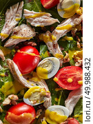 Background from natural organic color ingredients of freshly cooked salad - fresh green vegetables, tomatoes cherry ,chicken meat, quail eggs and mustard sause. Close-up view from above.. Clos-up natural colorful background with ingredients of homemade salad - fresh green clean vegetables, tomatoes, chicken meat, quail eggs and mustard. Стоковое фото, агентство Ingram Publishing / Фотобанк Лори